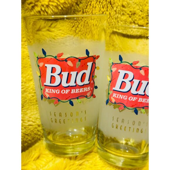 BUD King of Beers Pint Glass (Seasons Greetings) Frosted with Lights set of 4 - Picture 6 of 8